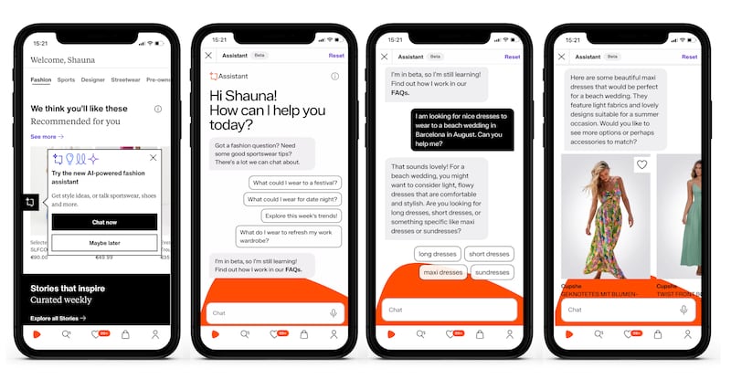 A content display on four different phones showing interactions between a human and the Zalando gen AI virtual assistant.