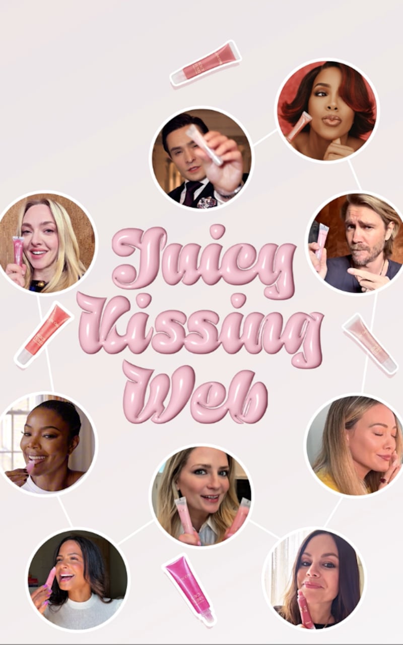 A graphic featuring the Juicy Kissing Web, Lancome's Juicy Tubes campaign, with celebrities like Amanda Seyfried, Gabrielle Union, Kelly Rowland and Ed Westwick.