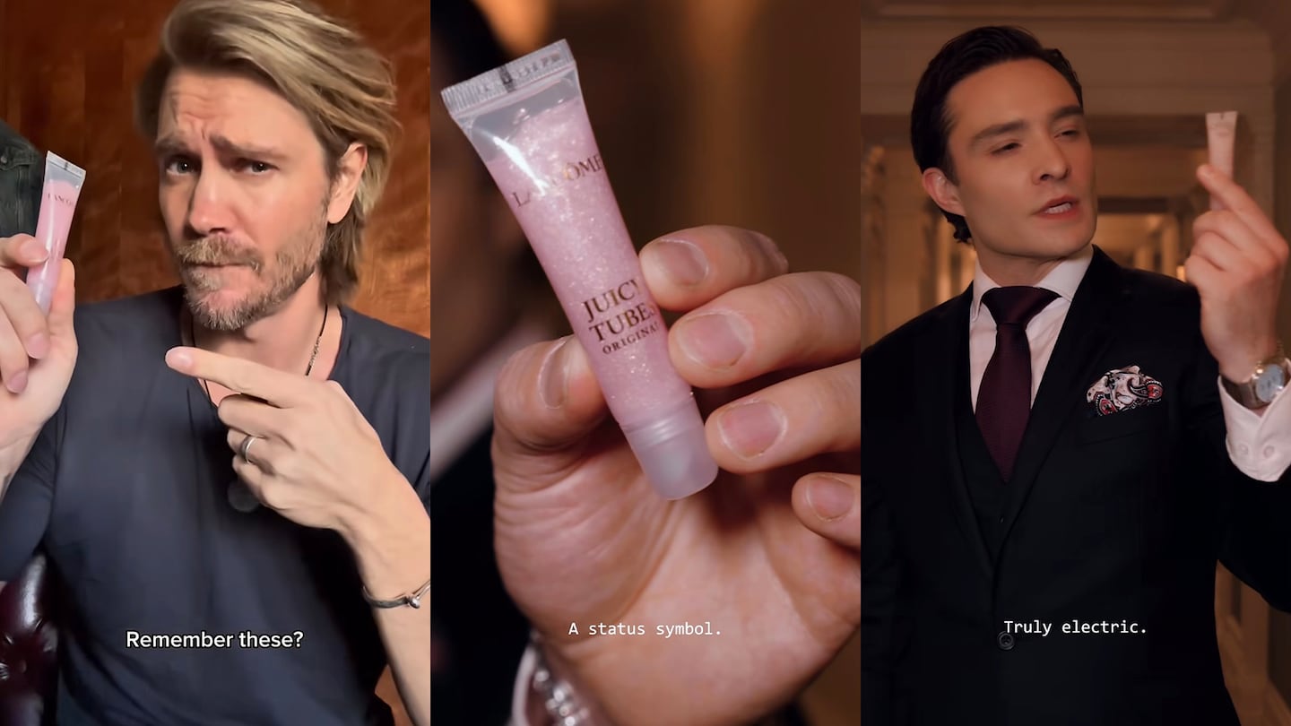 A triptych of images from Lancome's video series celebrating its juicy tubes, featuring Chad Michael Murray, Ed Westwick and a close up of the tube.