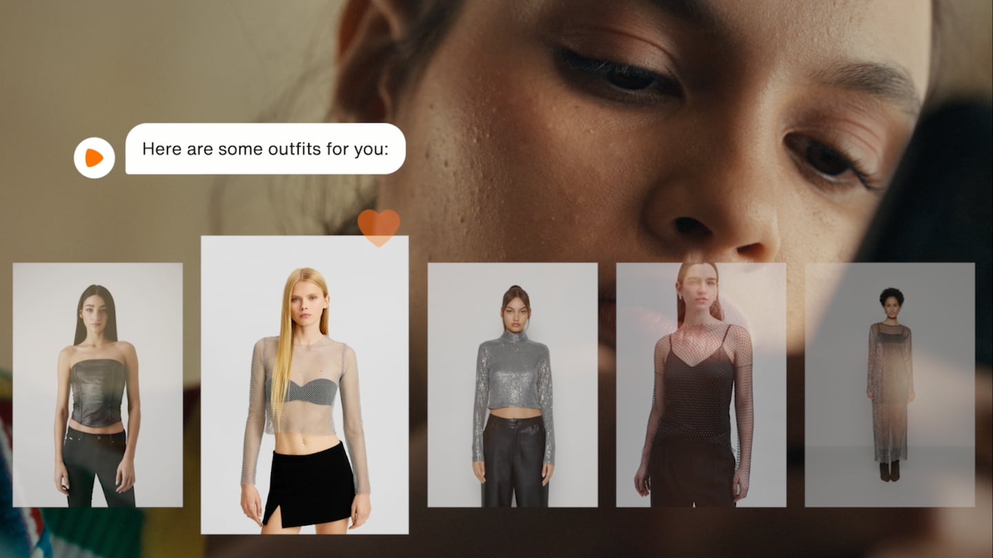 A person looks at a screen — which overlays their face, showing you their point of view as they shop online. On the screen there are five different outfit choices from the Zalando website, beneath a comment which reads "Here are some outfits for you".