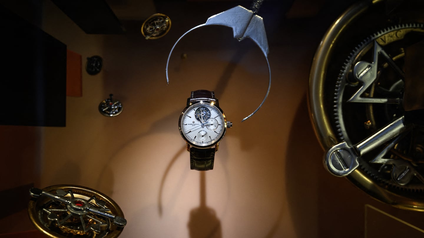 A watch by Swiss luxury watch and clock manufacturer Vacheron Constantin, owned by Richemont group, is displayed on the opening day of the Watches and Wonders Geneva show