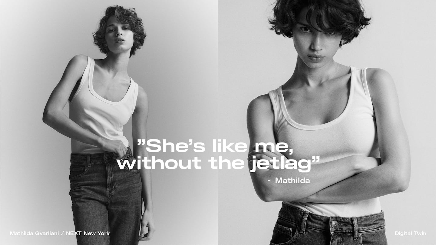 Side-by-side images show model Mathilda Gvarliani in a tank top. One is an actual photo and the other is generated by AI using Gvarliani's digital twin.