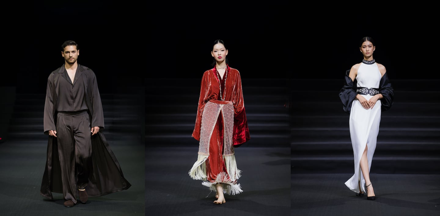 Runway looks from designer brands Azamat Somatov, Amal Vagram and Nelif (L to R) at Tashkent Fashion Week in Tashkent, Uzbekistan, May 2025.