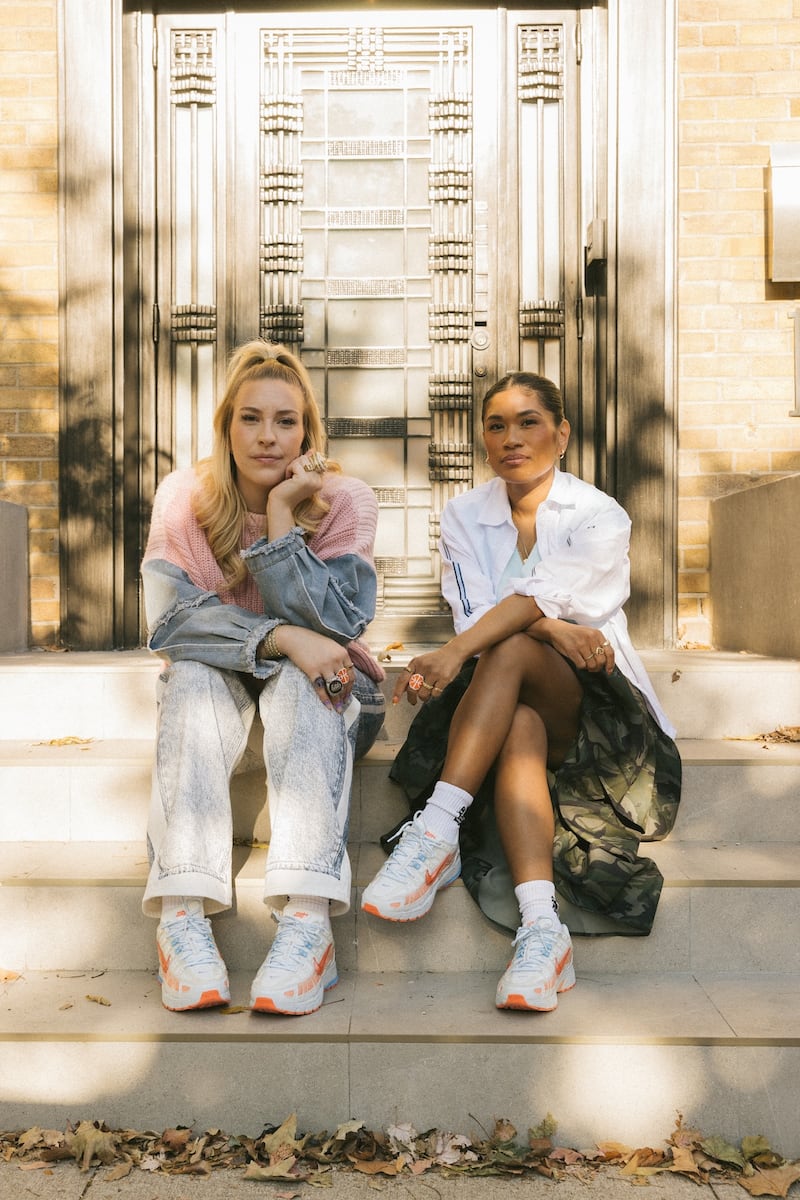Makeway founders Shelby Weaver and Abby Albino wearing "Party-6000" sneakers Makeway made in collaboration with Nike.