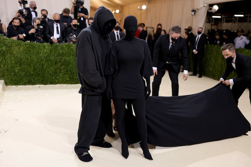 Demna and Kim Kardashian West, shrouded in a black Balenciaga bodysuit, at the 2021 Met Gala.