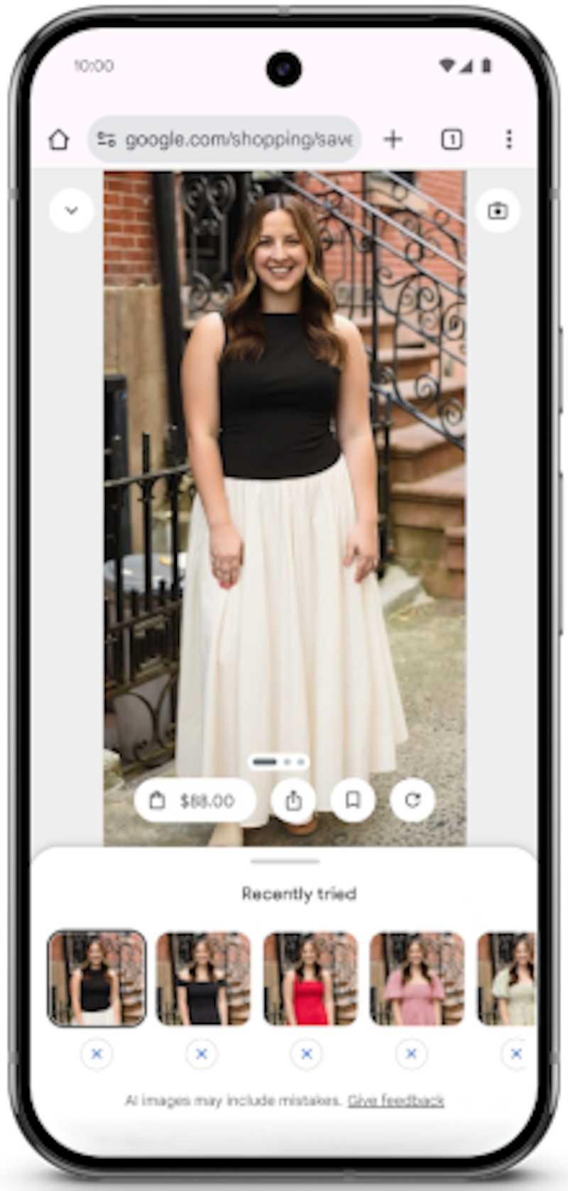 A shot of a mobile phone showing Google's virtual try-on.