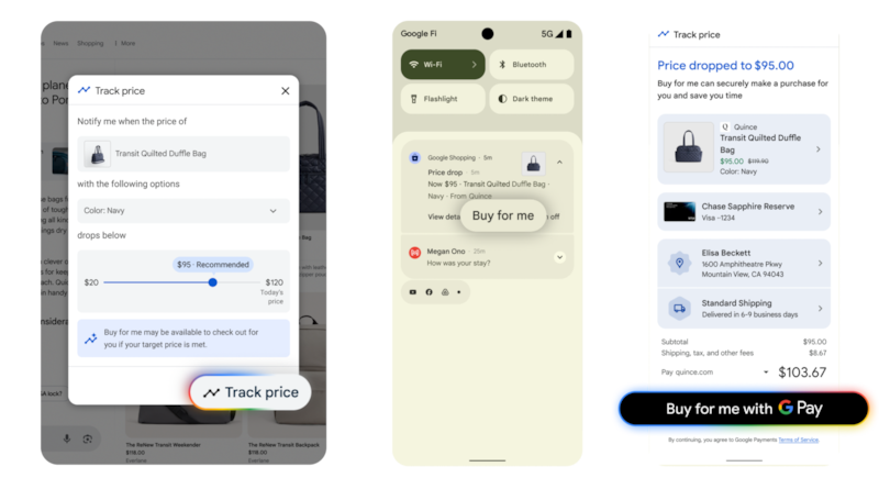 Screenshots showing the steps of agentic checkout.