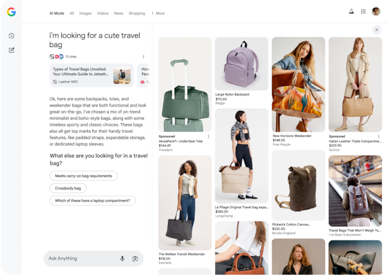 A screenshot of Google's new AI Mode shopping experience with a text field at the left where a user asks about a cute travel bag and on the right a series of product listings from Google.